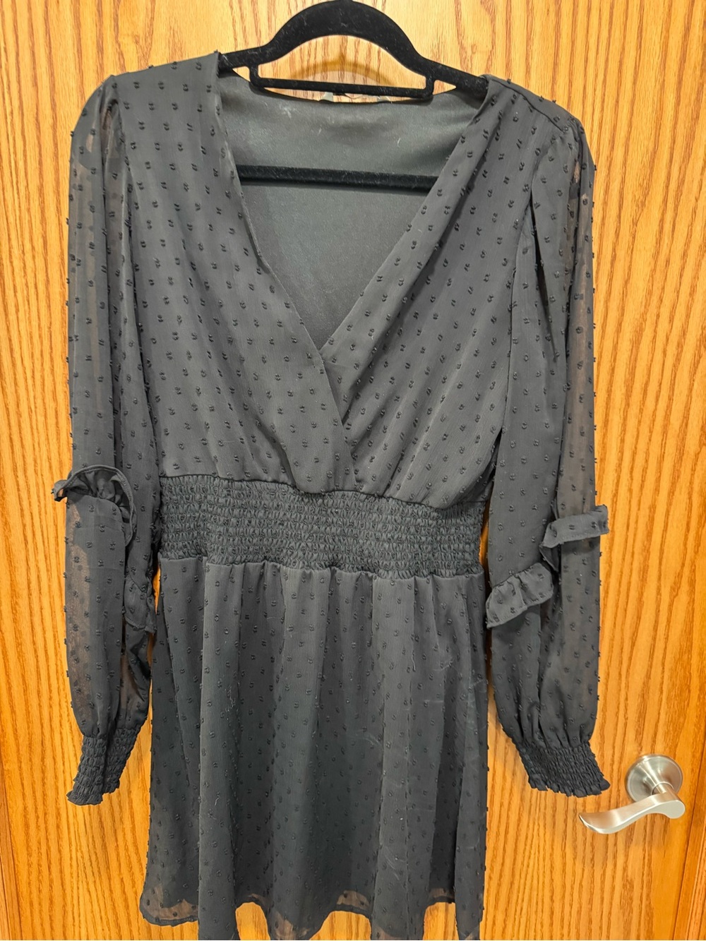 stradivarius Black Long-Sleeve Smocked-Waist V-Neck Mini Dress